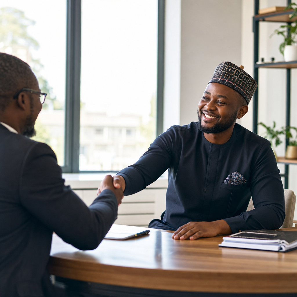 A Nigerian entrepreneur shaking hands with an advisor