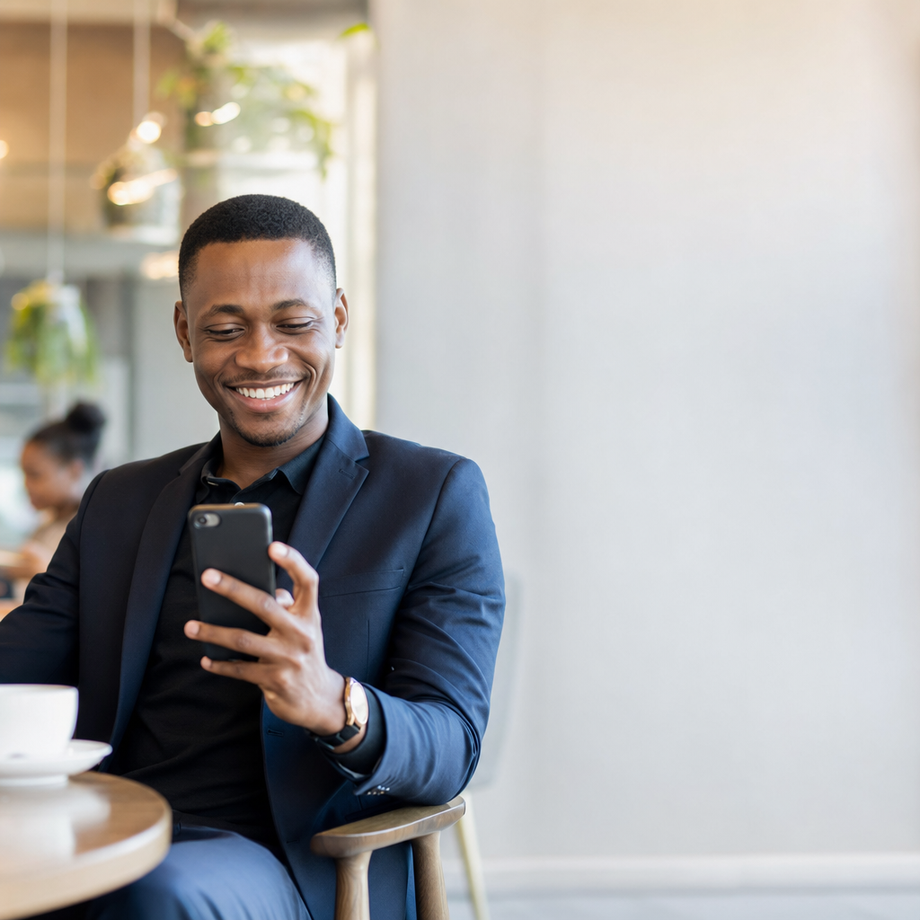 A Nigerian sales agent checking earnings on a phone