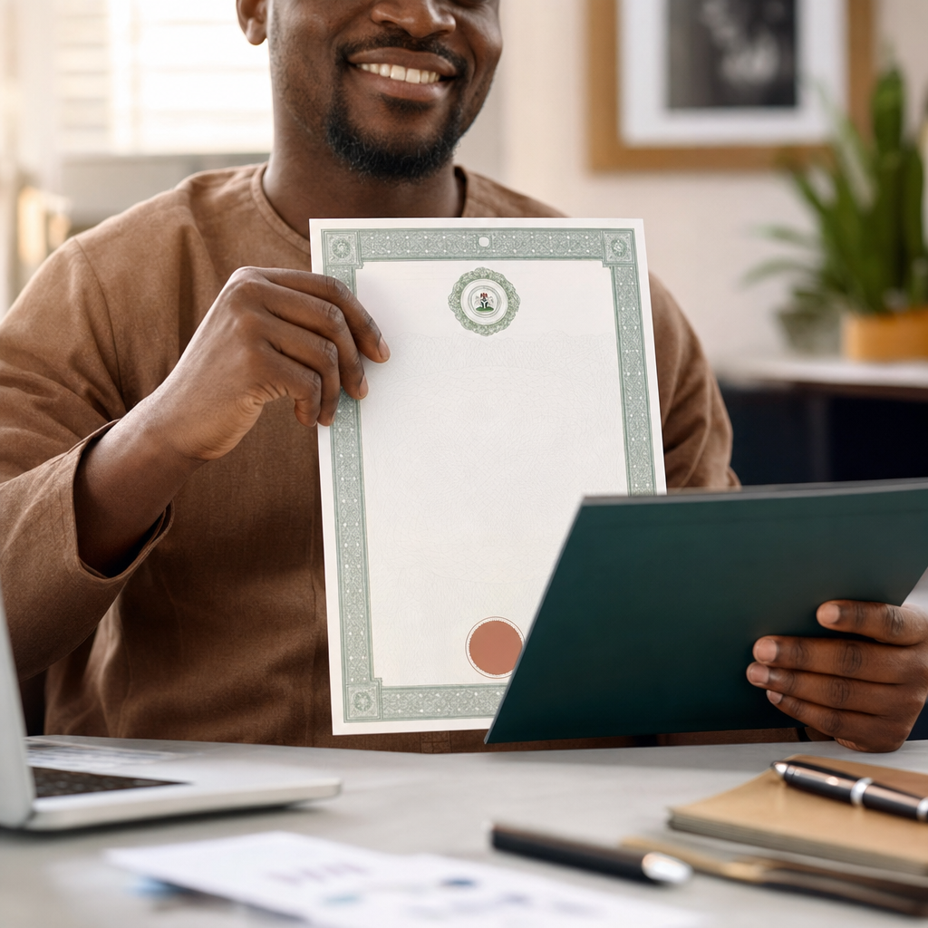 A business owner holding their registration certificate